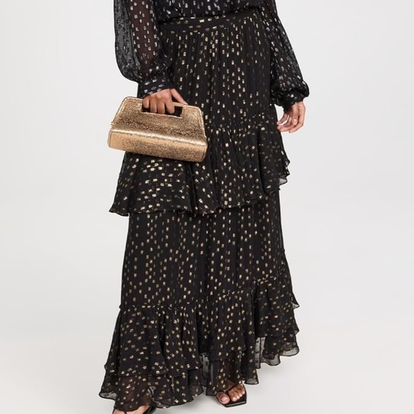 New Rococo Sand x Free People Aine Lg 14/16 Black Gold Metallic Tiered Maxi - Picture 4 of 12
